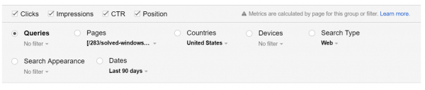 sorting search queries based on impressions, pages and country