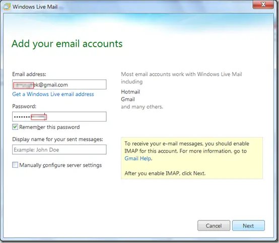 Add your Email Accounts in Windows Live Mail 2012 - Gmail