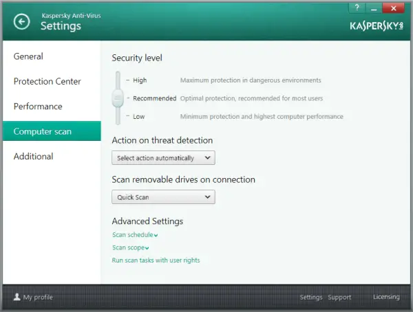 Options available in computer scan settings - KAV 2014