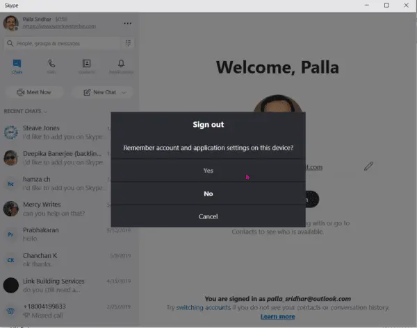 Sign Out Notification Skype App Windows 10