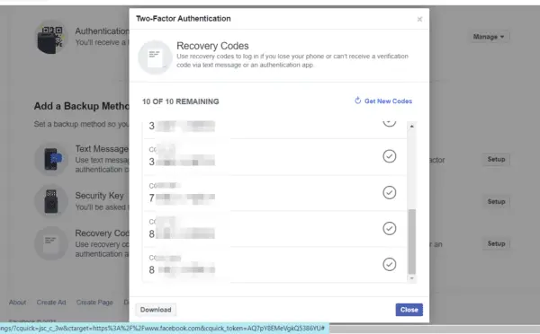 Facebook 2 Factor Authetication Recovery Codes