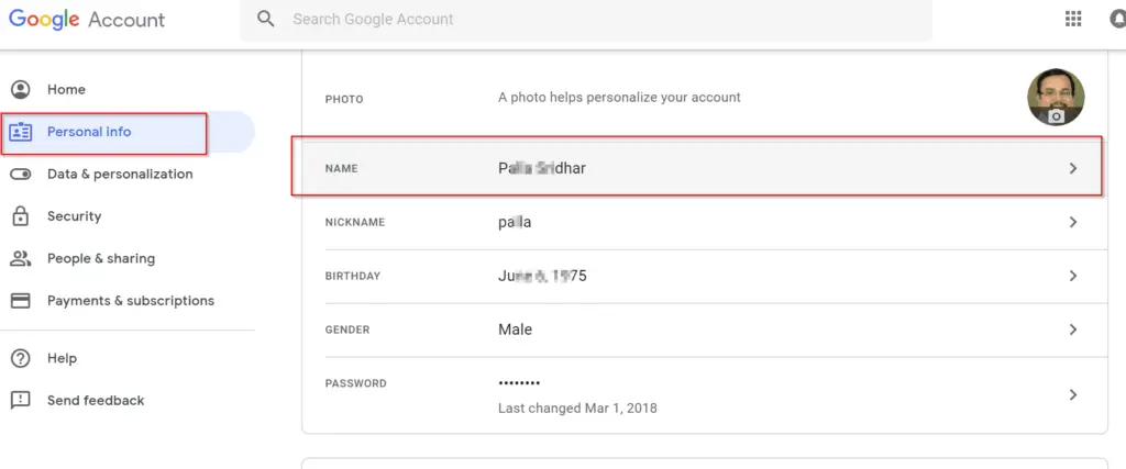 google account personal info