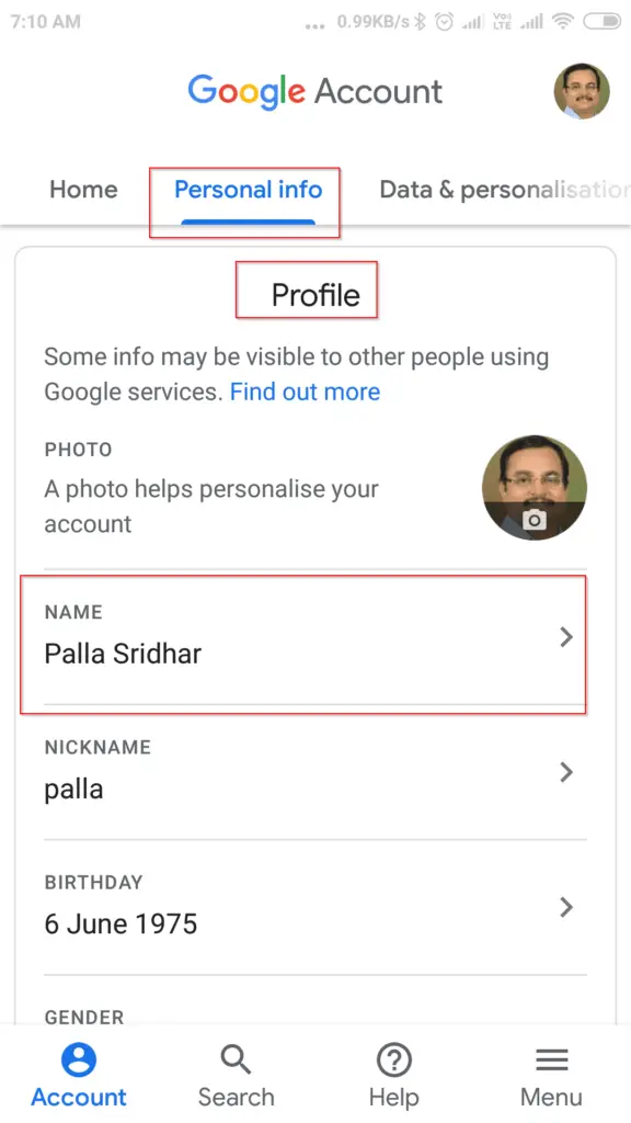 google account profile details