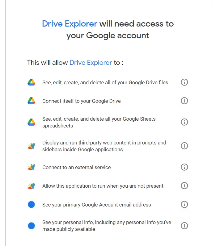 required permissions for drive explorer google drive addon