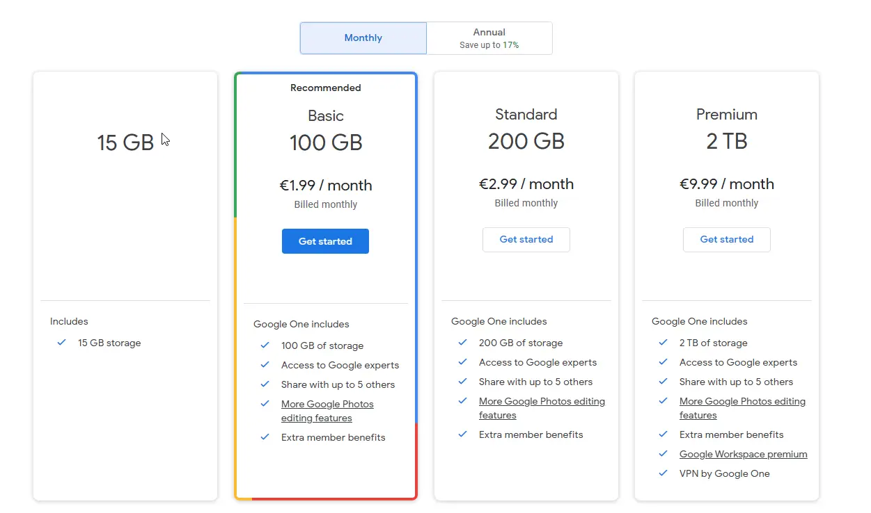 monthly pricing of google drive ireland