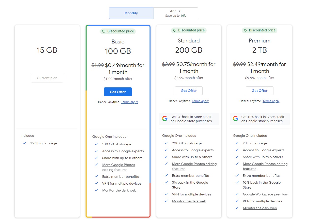 monthly pricing of google drive