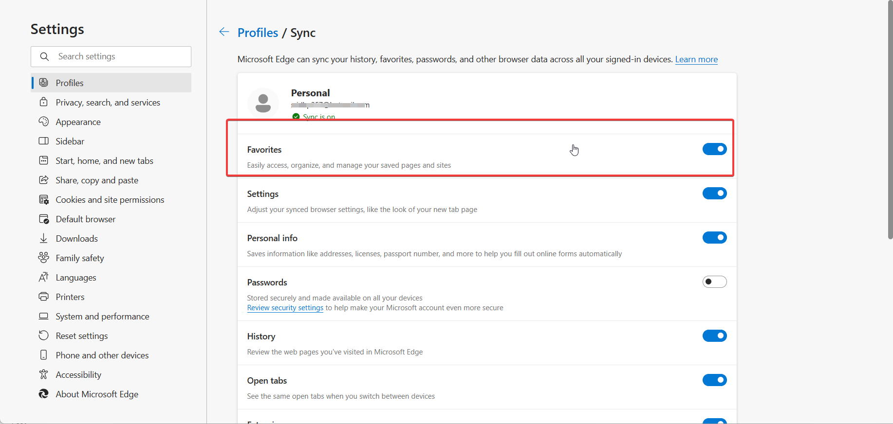 turn off favorites sync edge