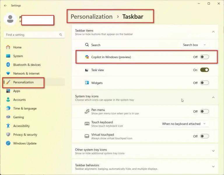 Disable Copilot Windows 11 Settings
