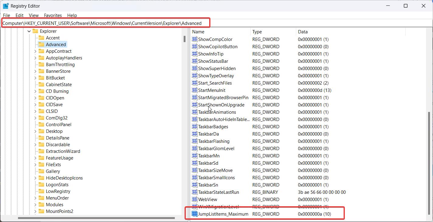 Maximum Jump List Items File Explorer Win 11