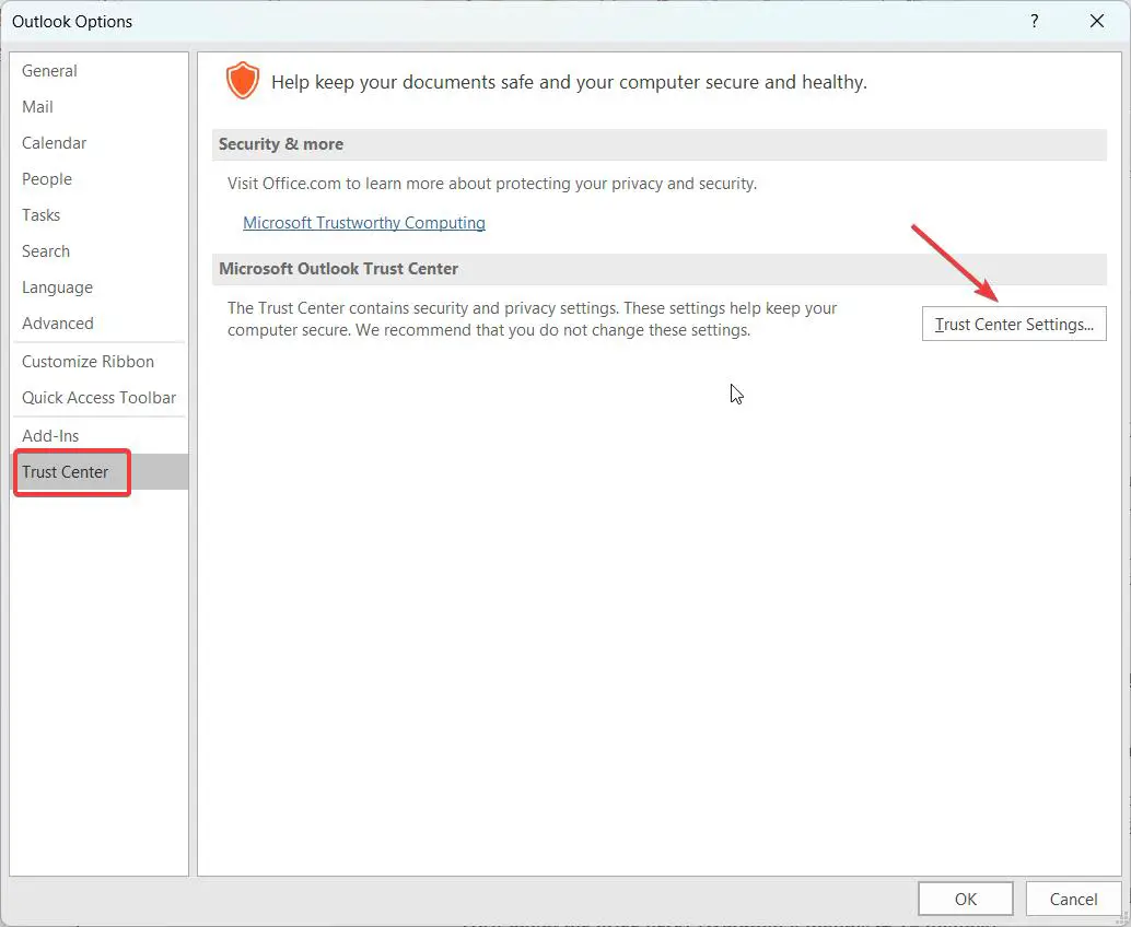 Trust Center Settings Outlook